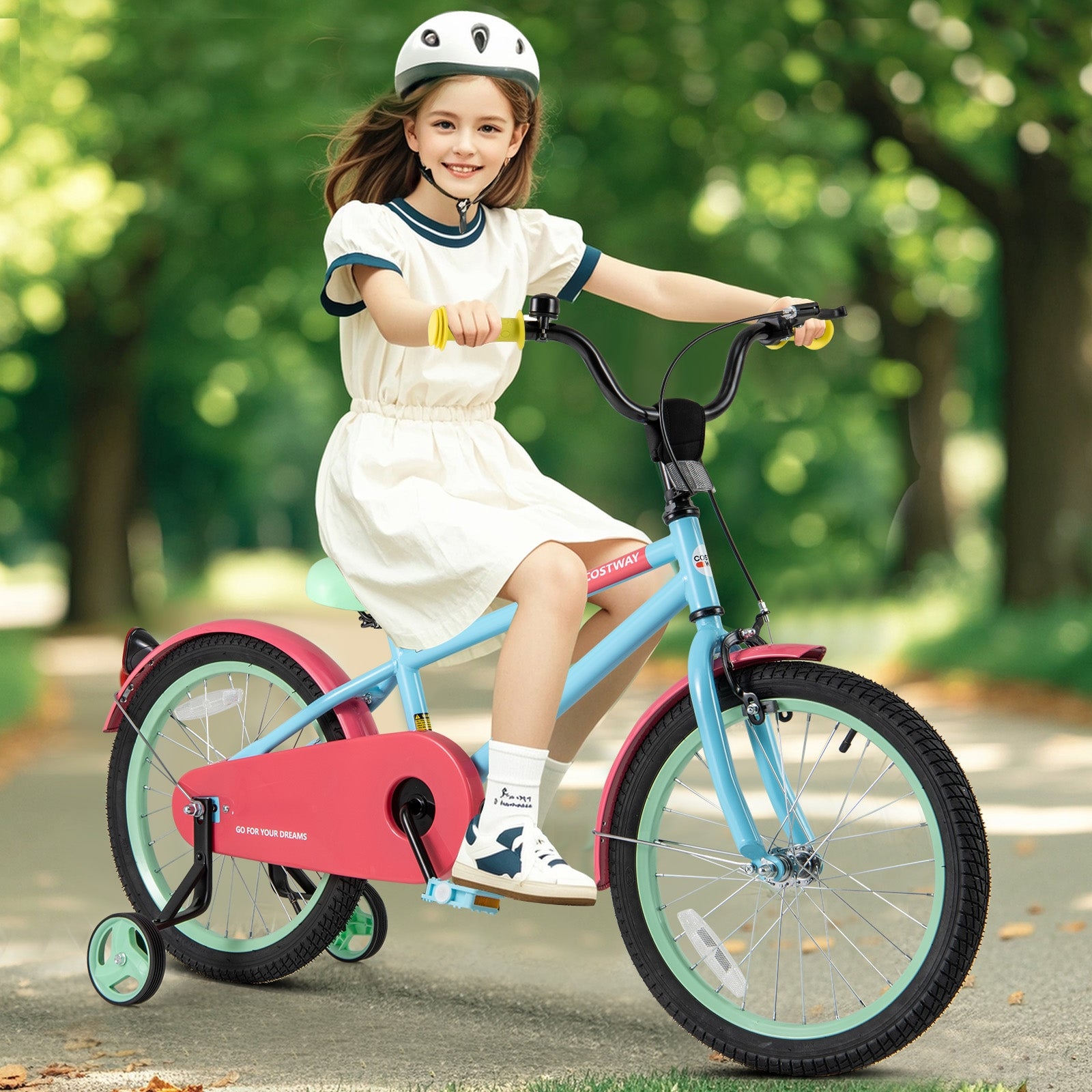 Blue 18-inch kids bike with adjustable handlebar and saddle, suitable for children, featuring a sturdy frame and training wheels.