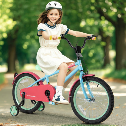 Blue 18-inch kids bike with adjustable handlebar and saddle, suitable for children, featuring a sturdy frame and training wheels.