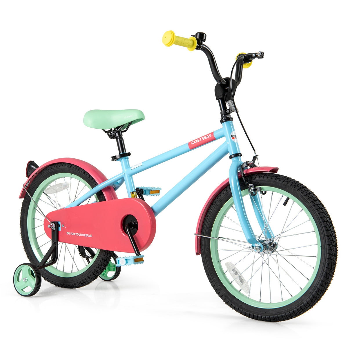 Blue 18-inch kids bike with adjustable handlebar and saddle, featuring a sturdy frame and colorful design for young riders.