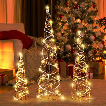 Set of 3 Lighted Rattan Cone Trees with LED Lights and Metal Frame