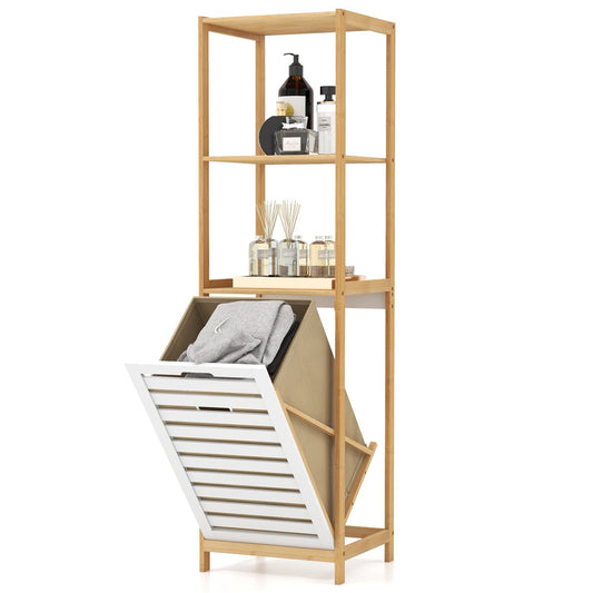 3-Tier Tilt-Out Laundry Hamper with Storage Shelves for Laundry Room-Natural and White