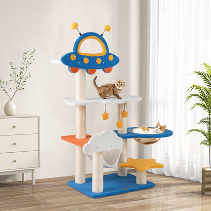 49 Inches Tall Cat Tree with UFO Top Perch Space Capsule and Sisal Scratching Posts-Blue