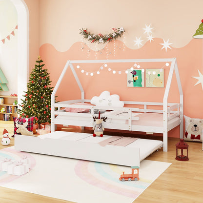 Twin House Bed with Trundle and Fence Rail-Gray