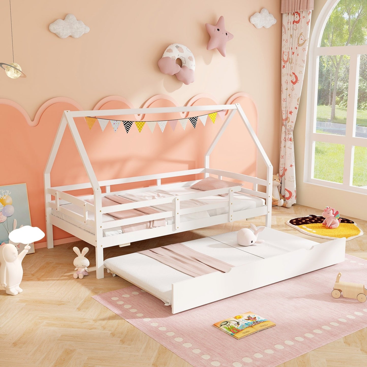 Twin House Bed with Trundle and Fence Rail-Gray