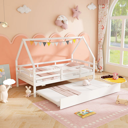 Twin House Bed with Trundle and Fence Rail-Gray