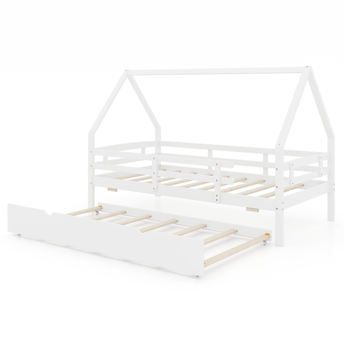 Twin House Bed with Trundle and Fence Rail-Gray