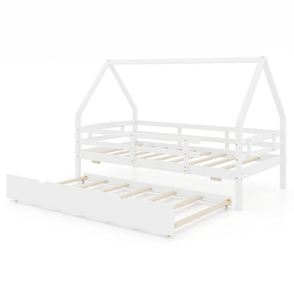 Twin House Bed with Trundle and Fence Rail-Gray