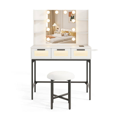 Bedroom Makeup Vanity Desk with Hollywood Mirror and Lights-White