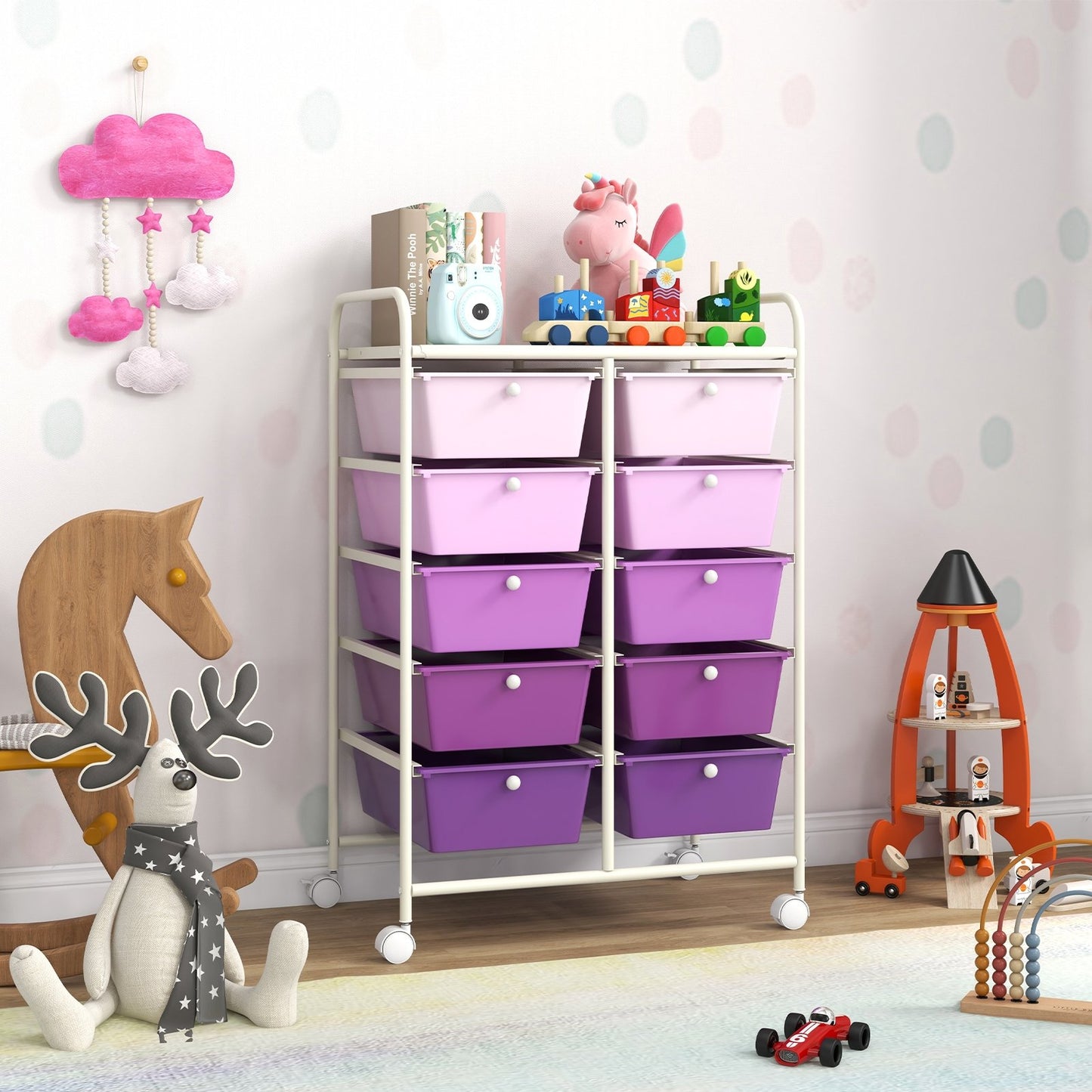 10-Drawer Rolling Storage Cart-Beige & Gray