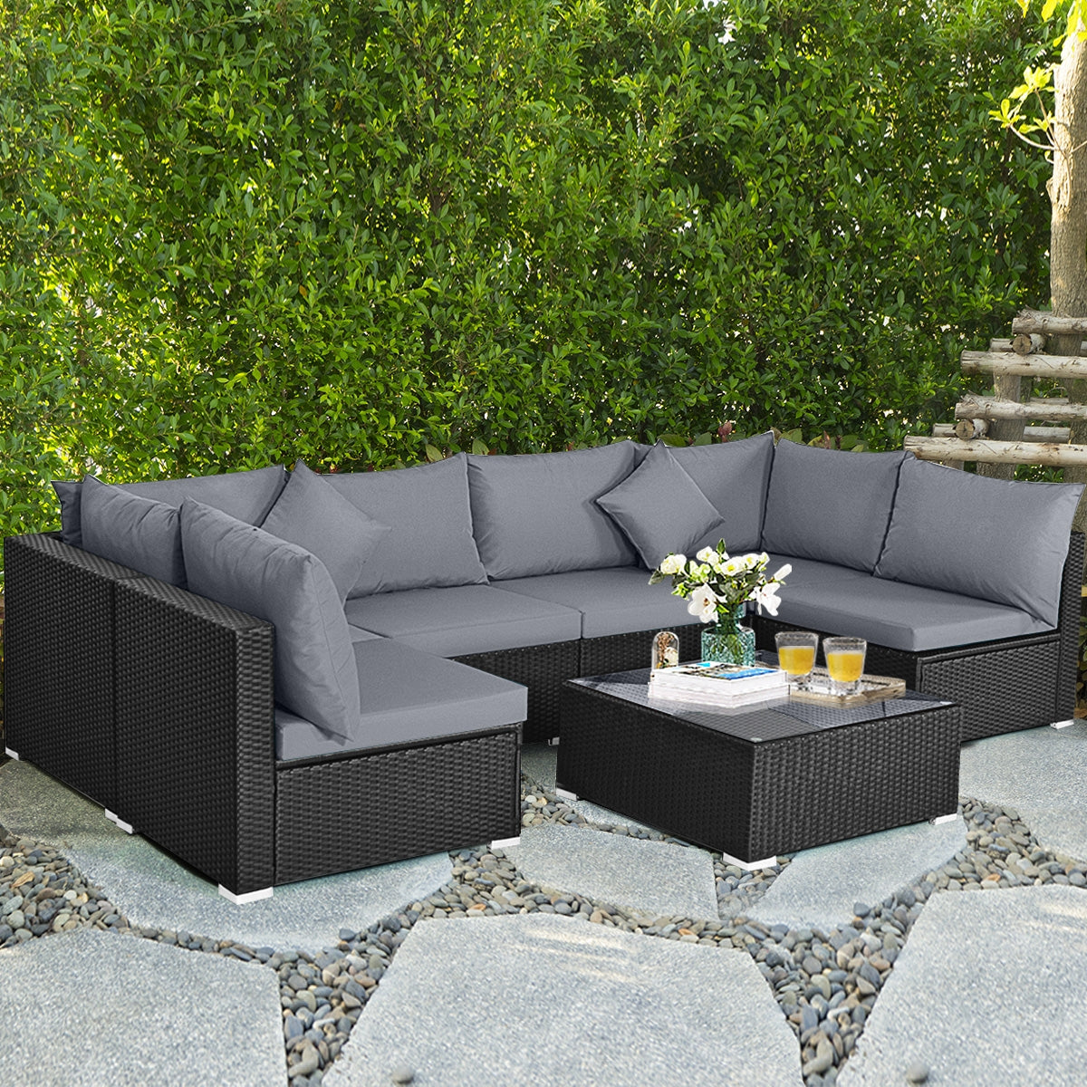 7-Piece Outdoor Sectional Wicker Patio Sofa Set with Tempered Glass Top-White
