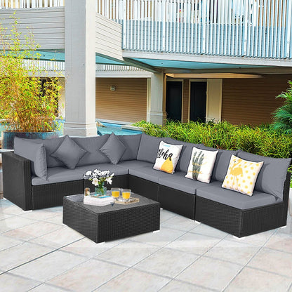 7-Piece Outdoor Sectional Wicker Patio Sofa Set with Tempered Glass Top-White