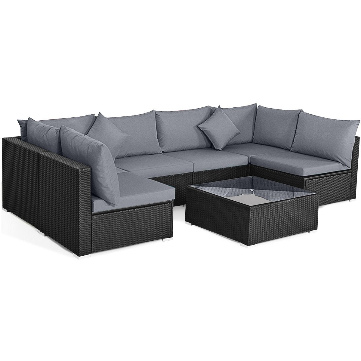 7-Piece Outdoor Sectional Wicker Patio Sofa Set with Tempered Glass Top-White