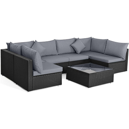 7-Piece Outdoor Sectional Wicker Patio Sofa Set with Tempered Glass Top-White