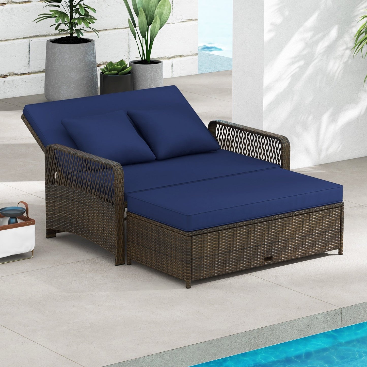 Patio Adjustable Wicker Daybed with 4-Level Backrest and Soft Cushions-Beige