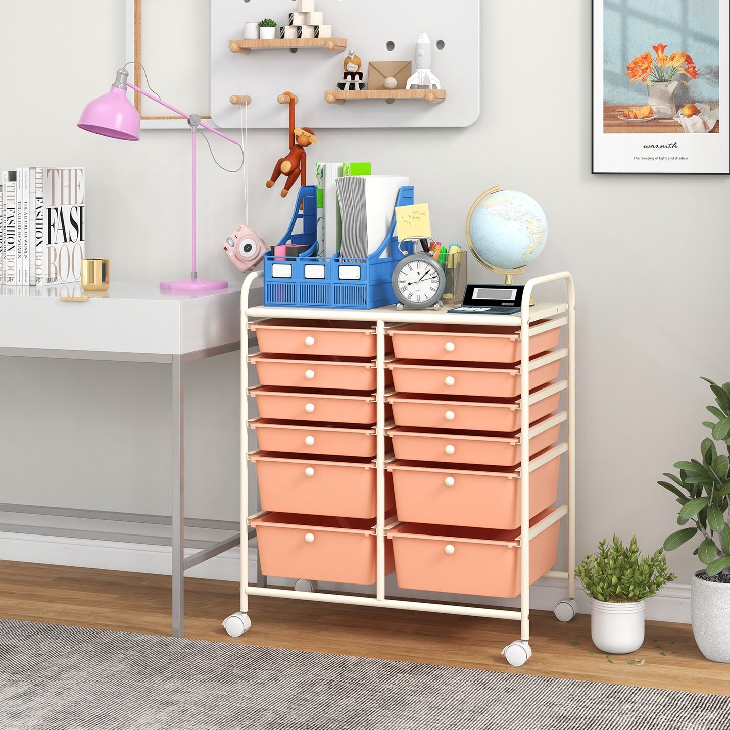 12-Drawer Rolling Storage Cart with Removable Drawers and Lockable Wheels-White