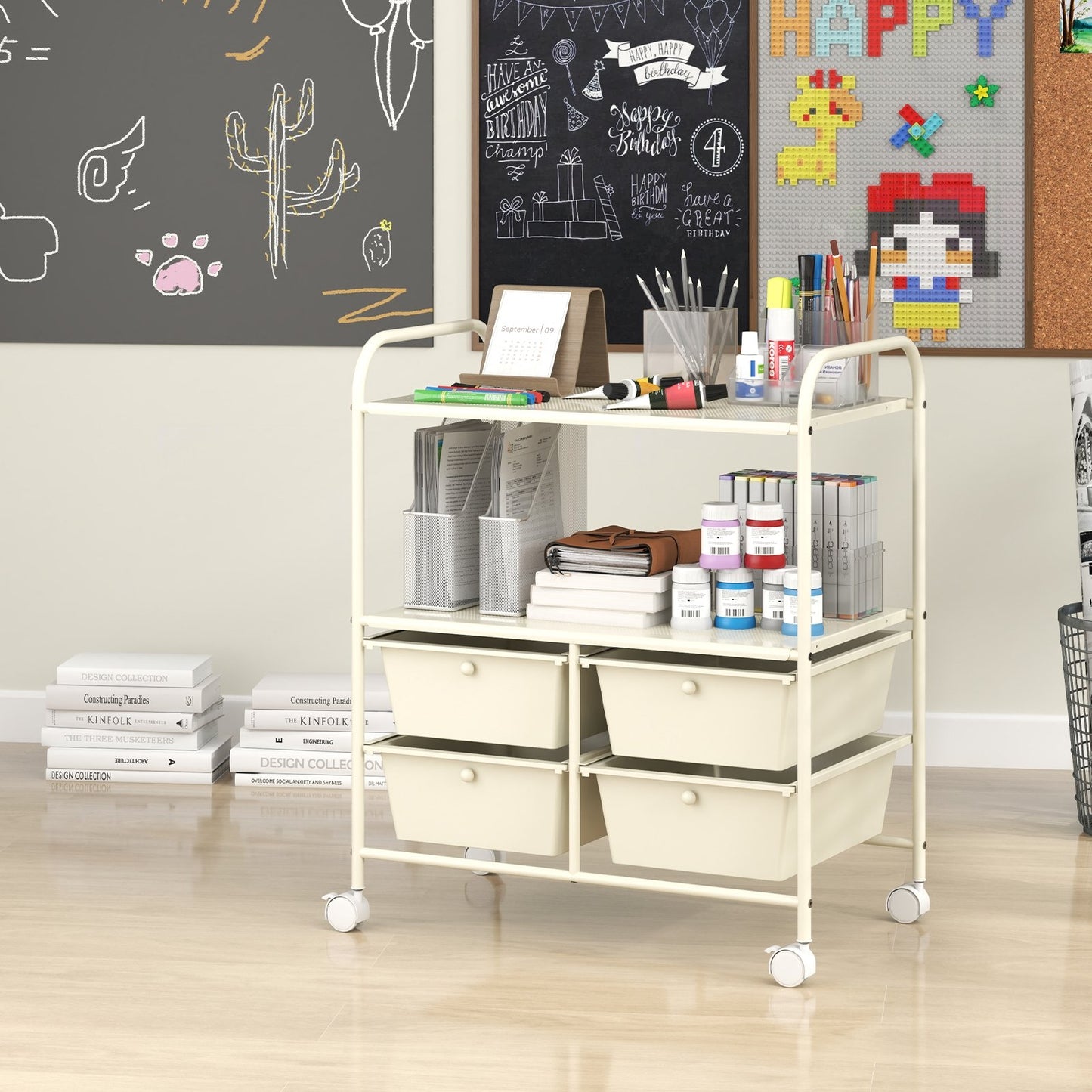 12-Drawer Rolling Storage Cart with Removable Drawers and Lockable Wheels-White