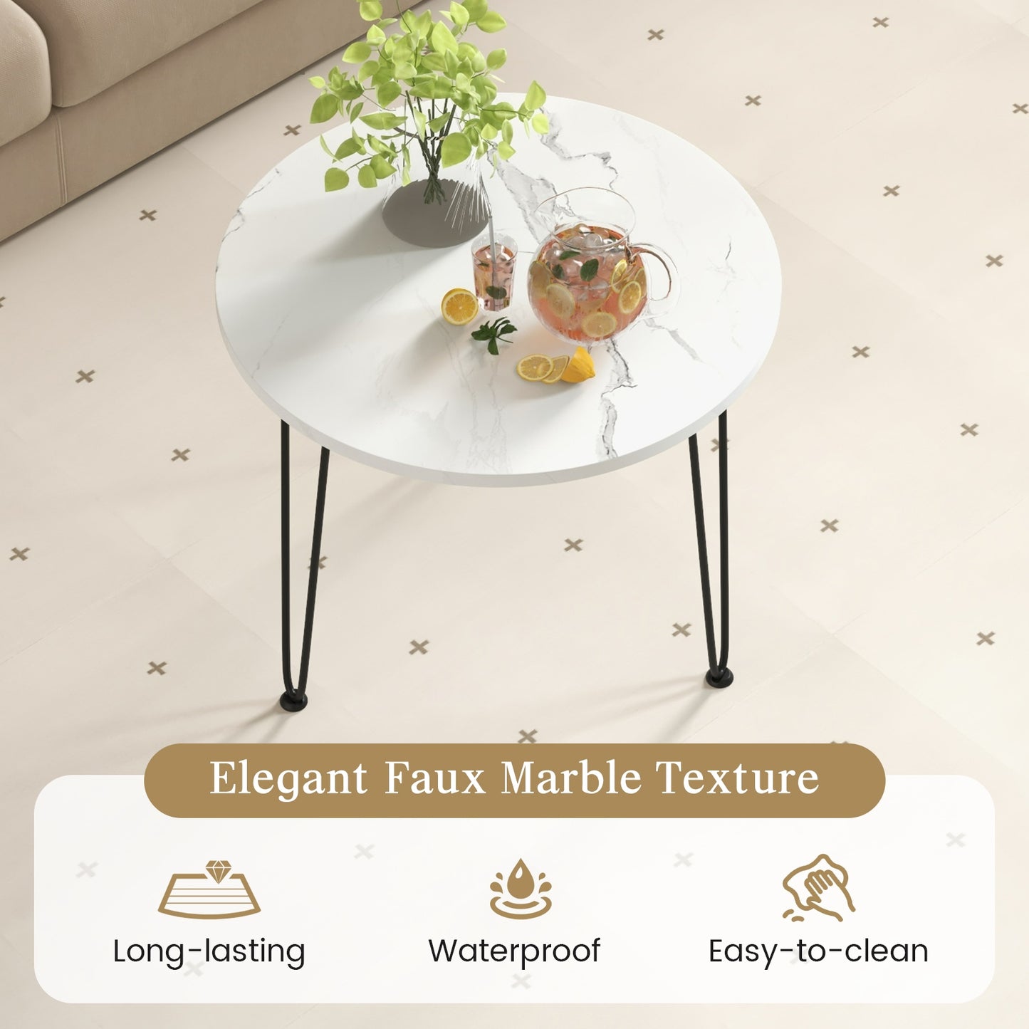 Round Coffee Table with Thickened Tabletop and Metal Tripod Legs-White