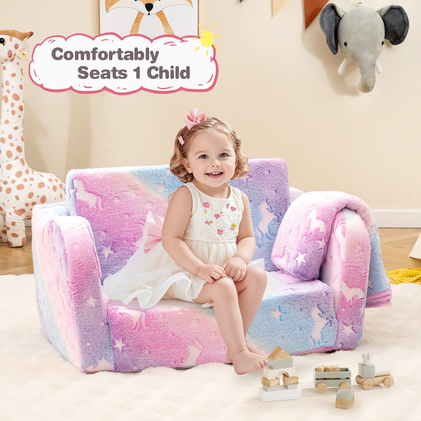 2-in-1 Folding Kids Couch with Blanket Glow in the Dark-Gray