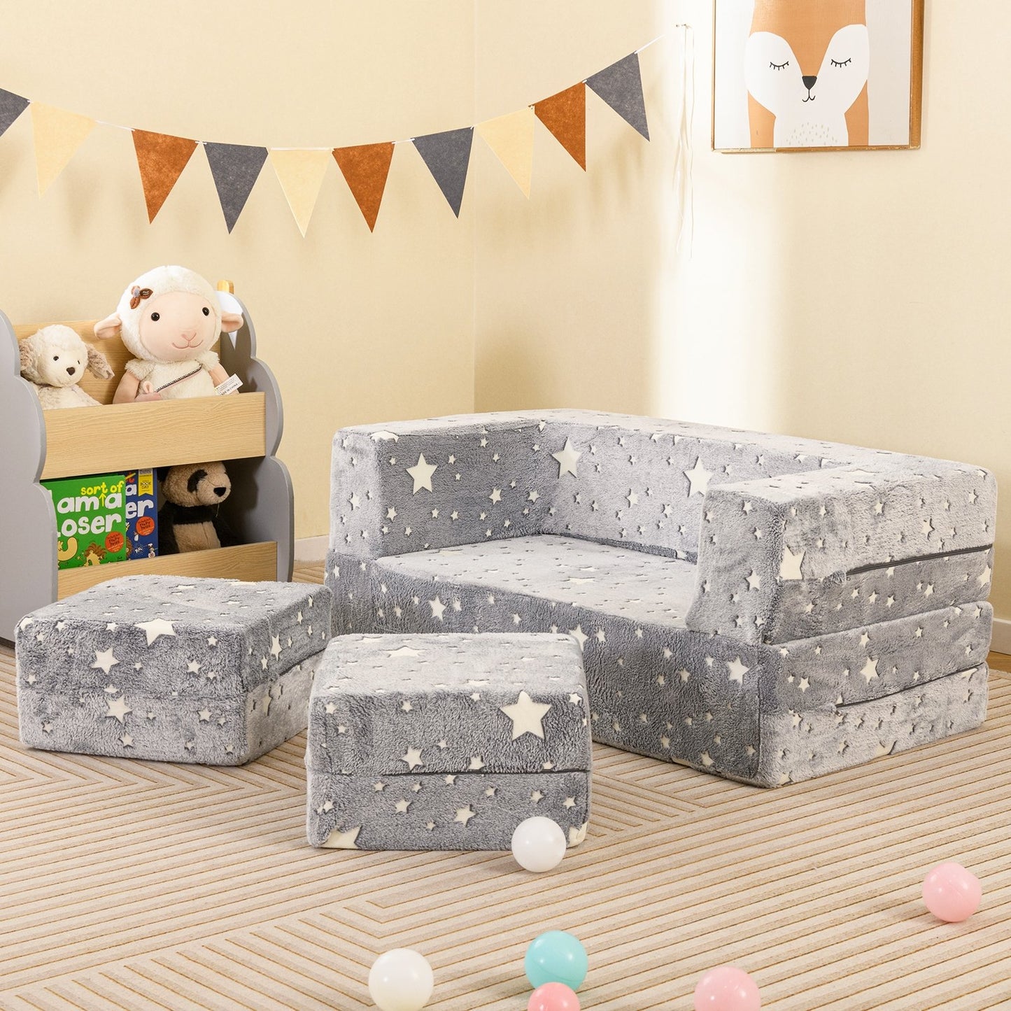 2 Seater Kids Play Couch with Removable and Machine Washable Flannel Cover-Color