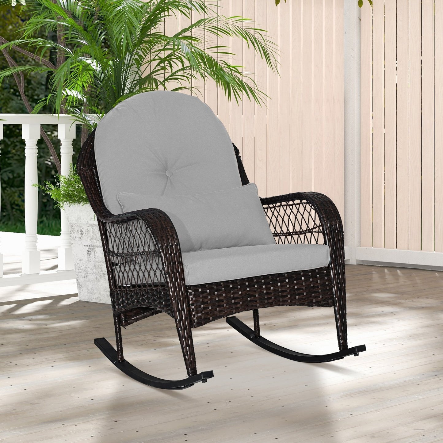 Patio Rattan Rocking Chair with Seat Back Cushions and Waist Pillow-Black