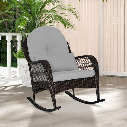 Patio Rattan Rocking Chair with Seat Back Cushions and Waist Pillow-Black