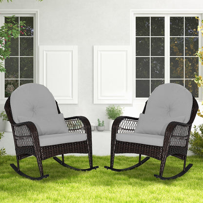 Patio Rattan Rocking Chair with Seat Back Cushions and Waist Pillow-Black