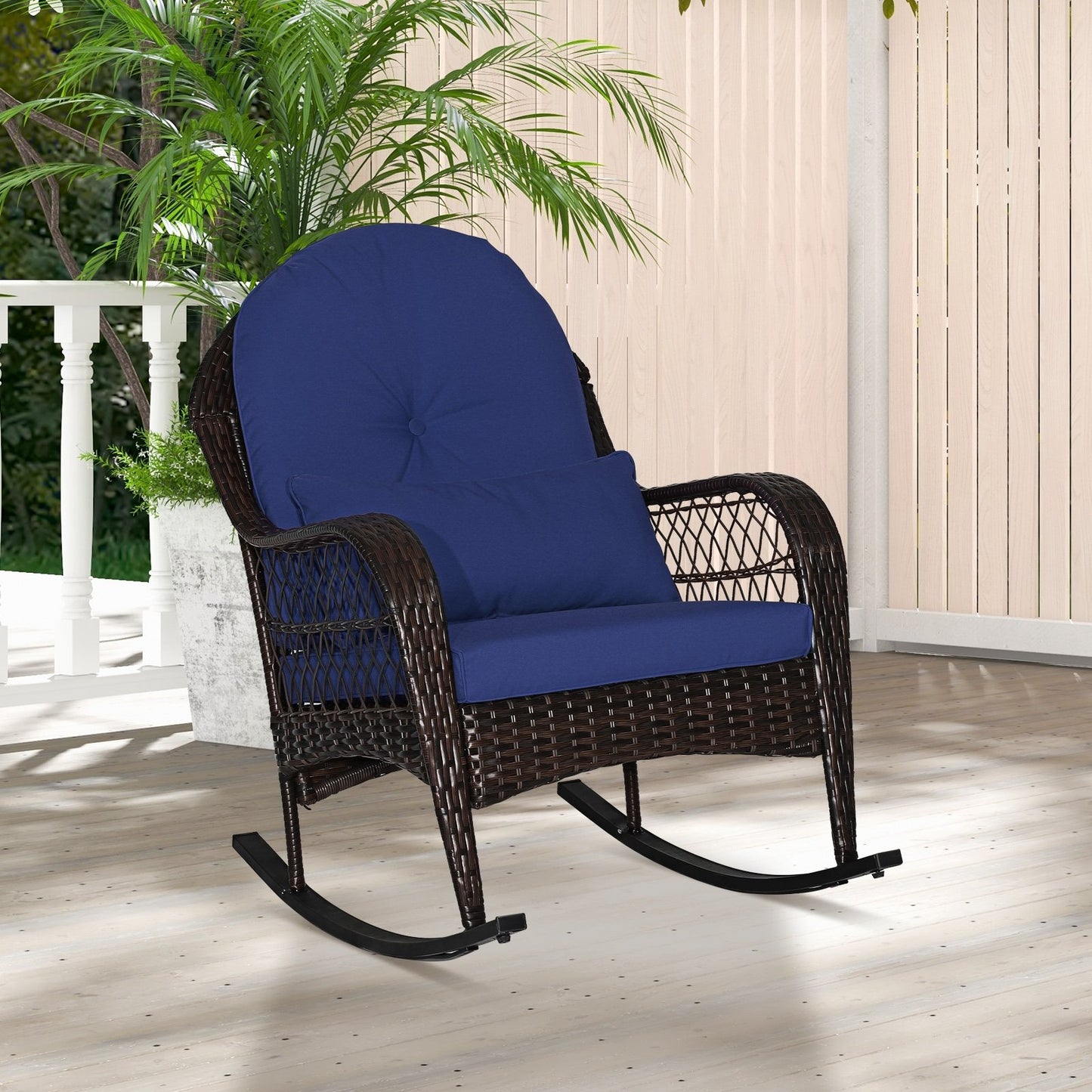 Patio Rattan Rocking Chair with Seat Back Cushions and Waist Pillow-Black