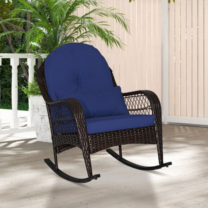 Patio Rattan Rocking Chair with Seat Back Cushions and Waist Pillow-Black