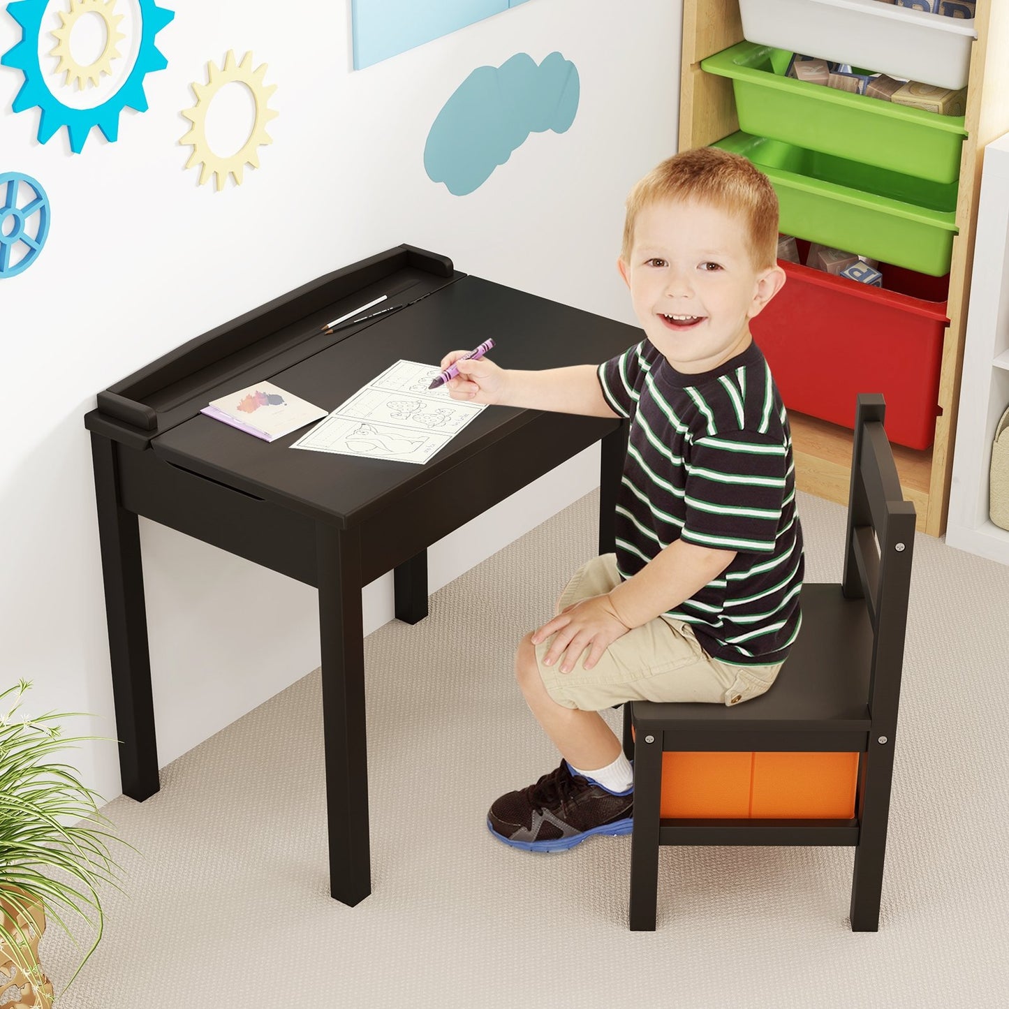 Wood Activity Kids Table and Chair Set with Storage Space-Brown