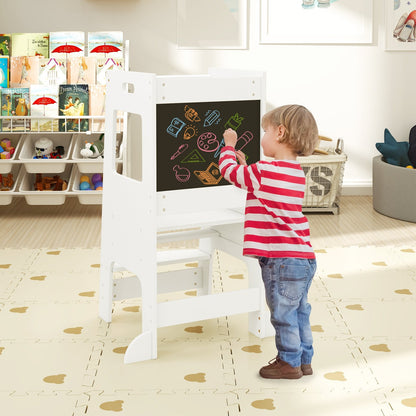 Toddler Kitchen Step Stool with Activity Chalkboard and Adjustable Height-Natural