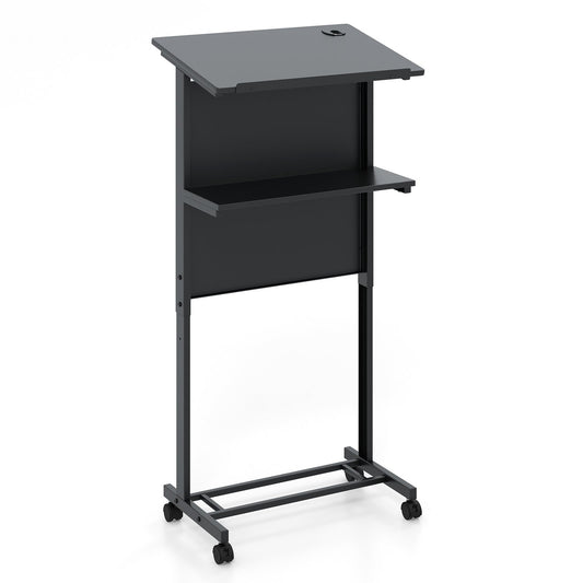 3-Position Height Adjustable Lectern Table with Tilted Tabletop-Black