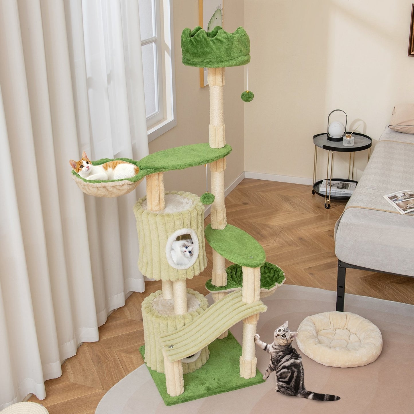 63 Inch Multi-Level Aesthetic Stripped Kitten Tower with 2 Condos-Green