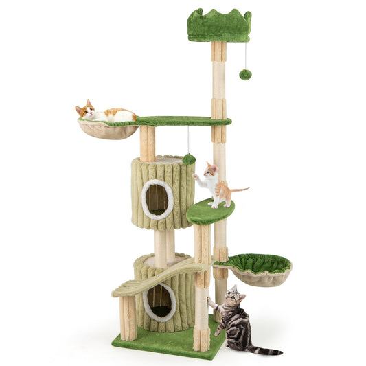 63 Inch Multi-Level Aesthetic Stripped Kitten Tower with 2 Condos-Green