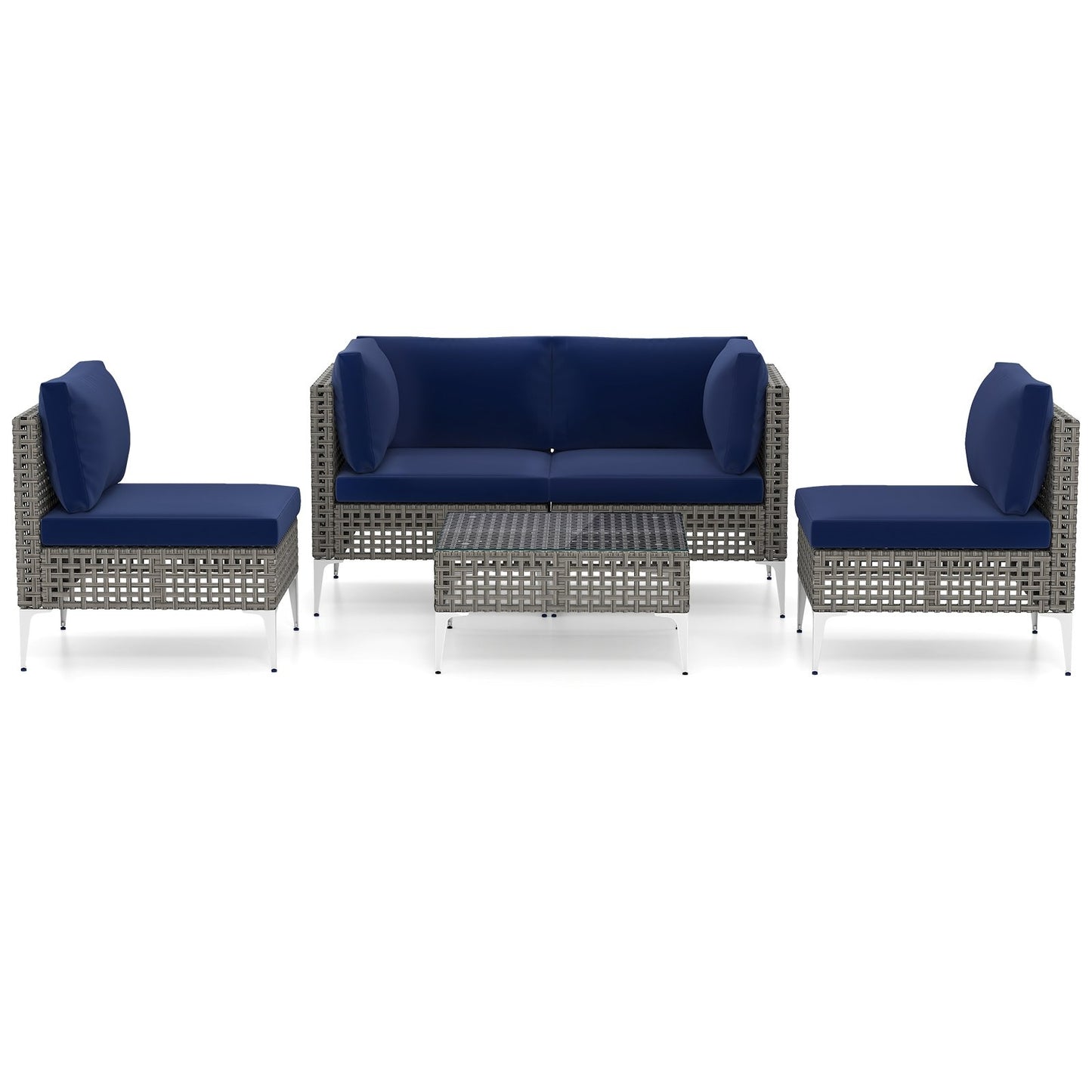 5 Piece Outdoor Furniture Set Patio Rattan Chairs with Tempered Glass Coffee Table-Navy