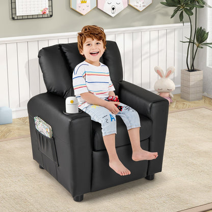 Kids Recliner Chair PU Leather Push Back Toddler Recliner with Cup Holder and Side Pocket-Beige