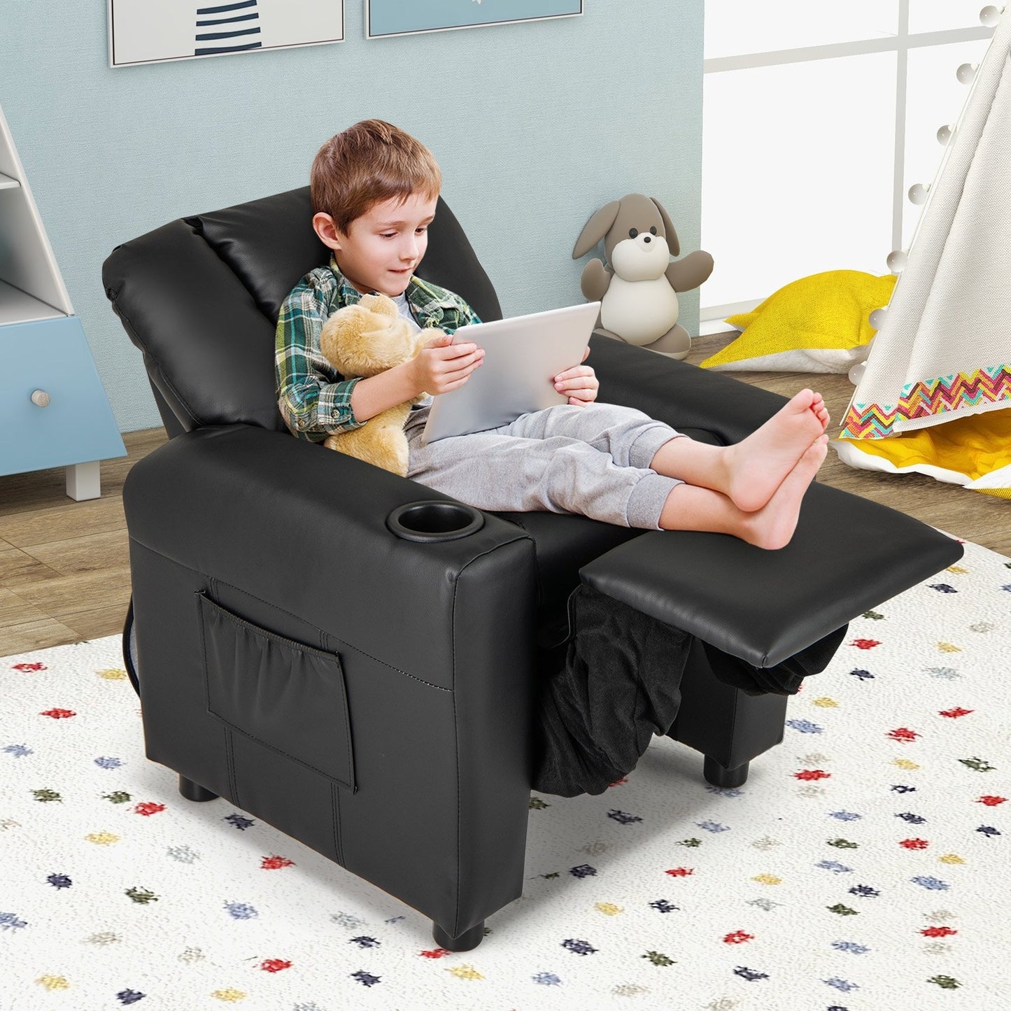 Kids Recliner Chair PU Leather Push Back Toddler Recliner with Cup Holder and Side Pocket-Beige