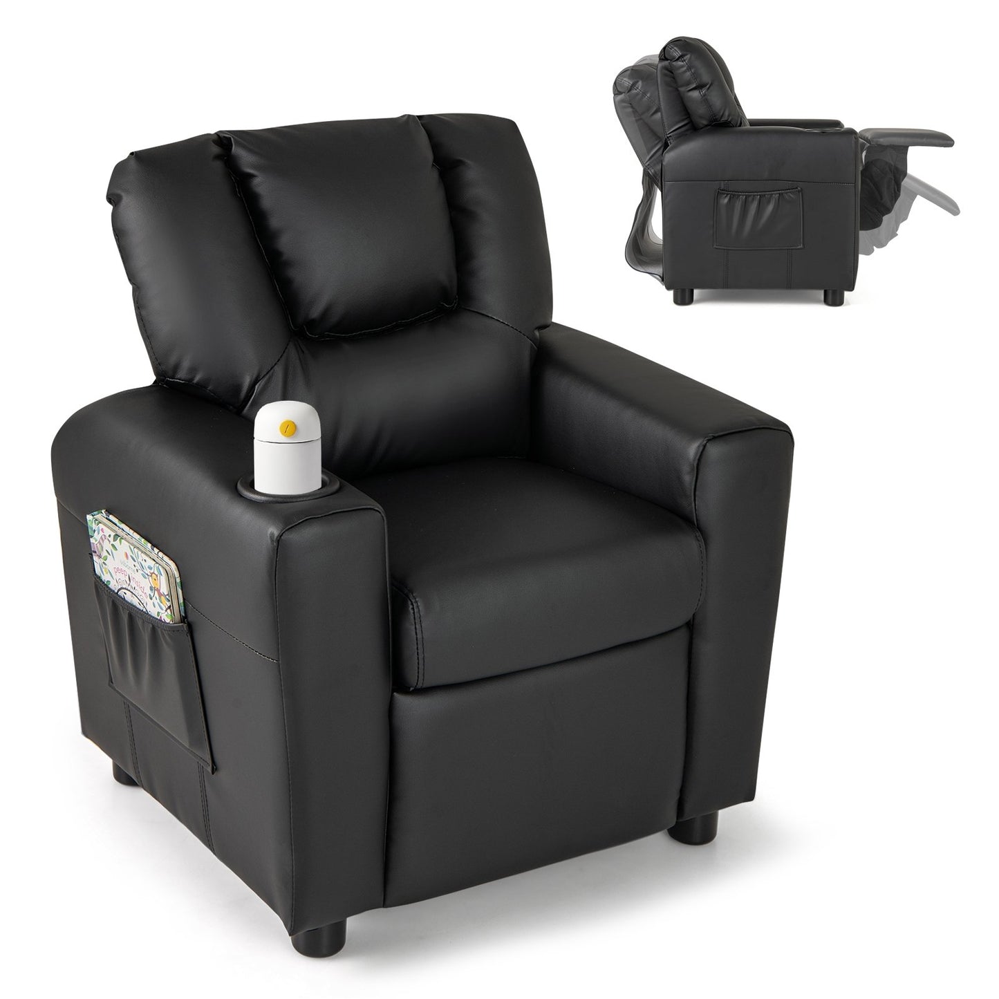Kids Recliner Chair PU Leather Push Back Toddler Recliner with Cup Holder and Side Pocket-Beige