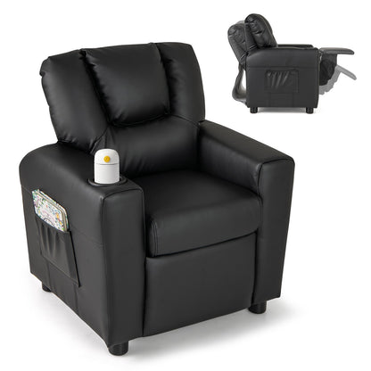 Kids Recliner Chair PU Leather Push Back Toddler Recliner with Cup Holder and Side Pocket-Beige