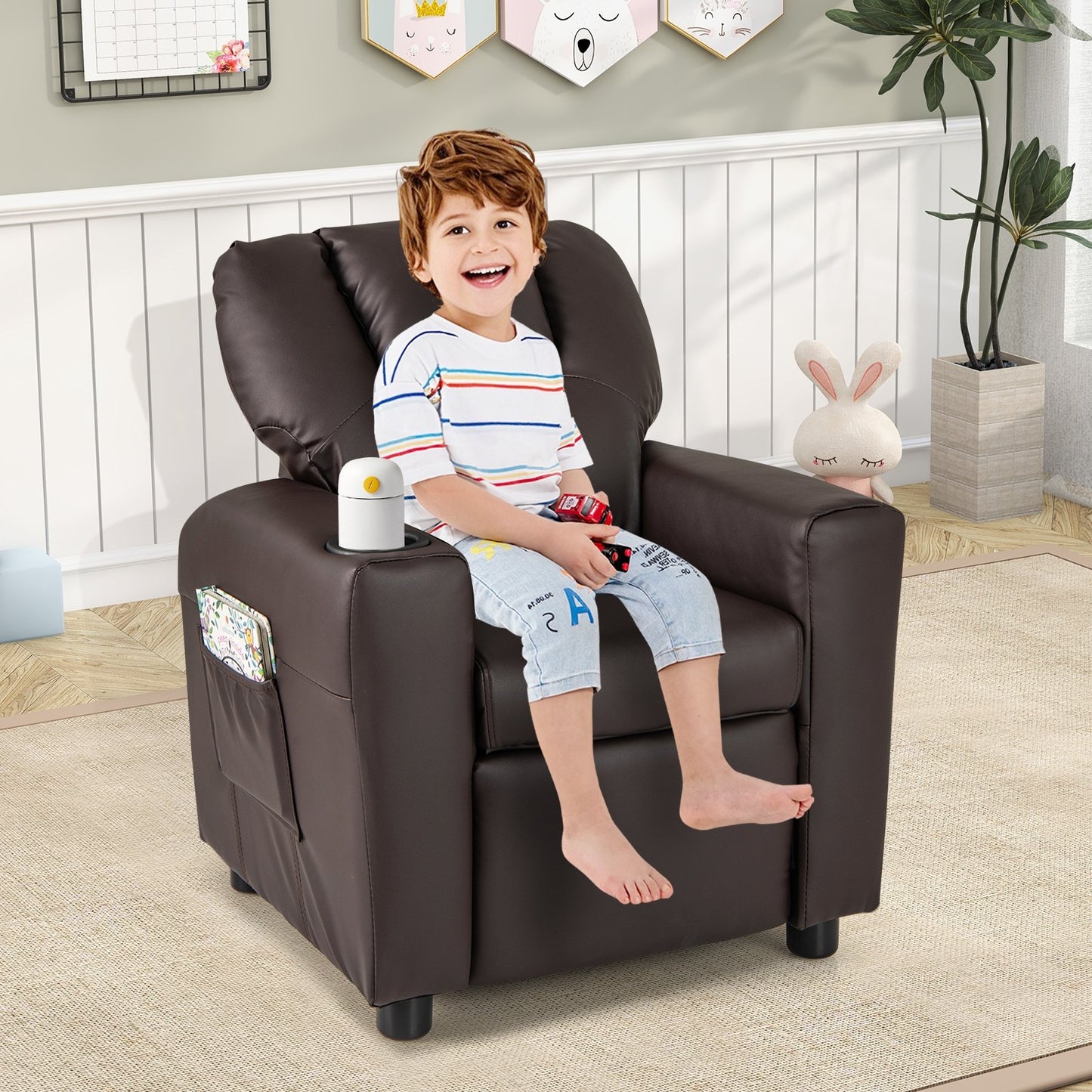 Kids Recliner Chair PU Leather Push Back Toddler Recliner with Cup Holder and Side Pocket-Beige