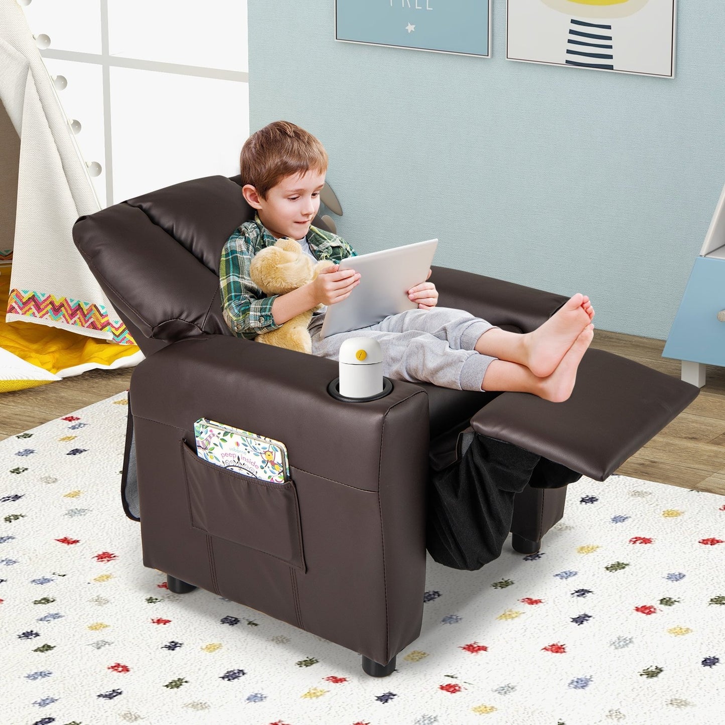 Kids Recliner Chair PU Leather Push Back Toddler Recliner with Cup Holder and Side Pocket-Beige