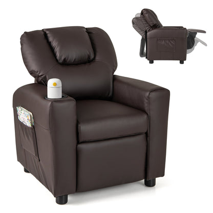 Kids Recliner Chair PU Leather Push Back Toddler Recliner with Cup Holder and Side Pocket-Beige