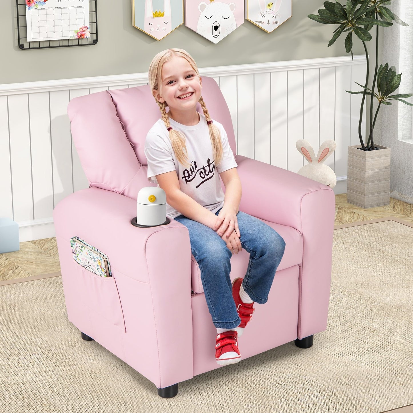Kids Recliner Chair PU Leather Push Back Toddler Recliner with Cup Holder and Side Pocket-Beige
