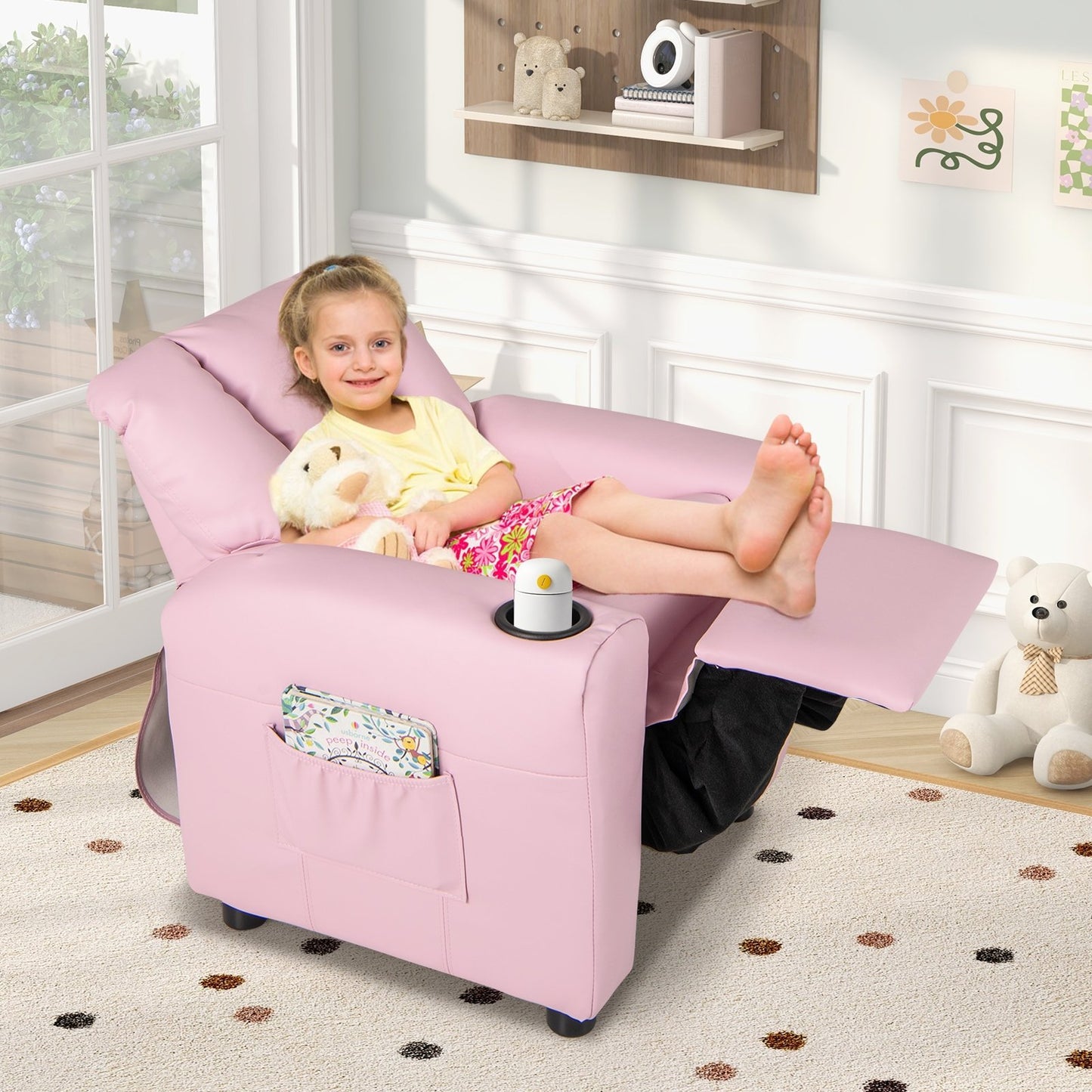 Kids Recliner Chair PU Leather Push Back Toddler Recliner with Cup Holder and Side Pocket-Beige