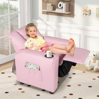 Kids Recliner Chair PU Leather Push Back Toddler Recliner with Cup Holder and Side Pocket-Beige