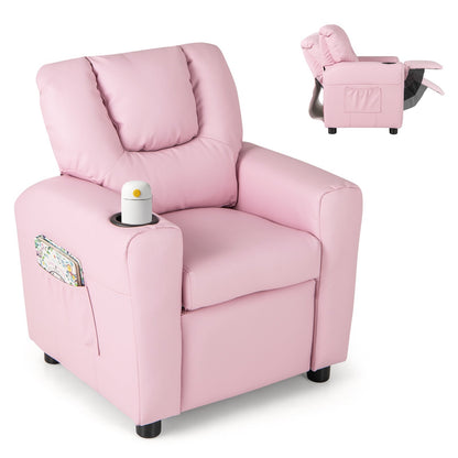 Kids Recliner Chair PU Leather Push Back Toddler Recliner with Cup Holder and Side Pocket-Beige