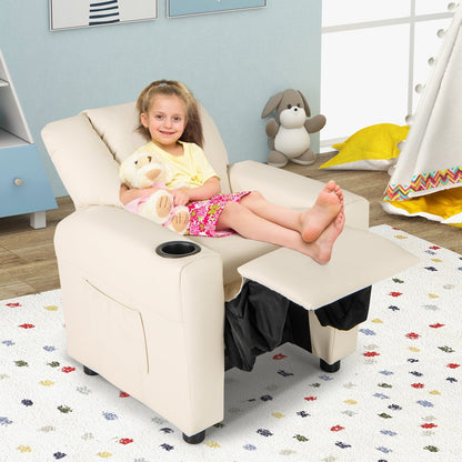 Kids Recliner Chair PU Leather Push Back Toddler Recliner with Cup Holder and Side Pocket-Beige