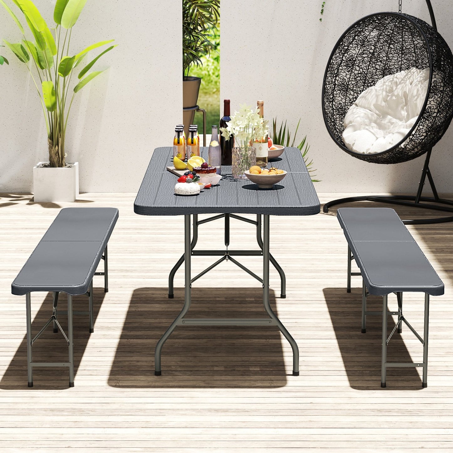 6 Feet Folding Table with Wood Grain HDPE Tabletop and Safe Lock Mechanism-Brown
