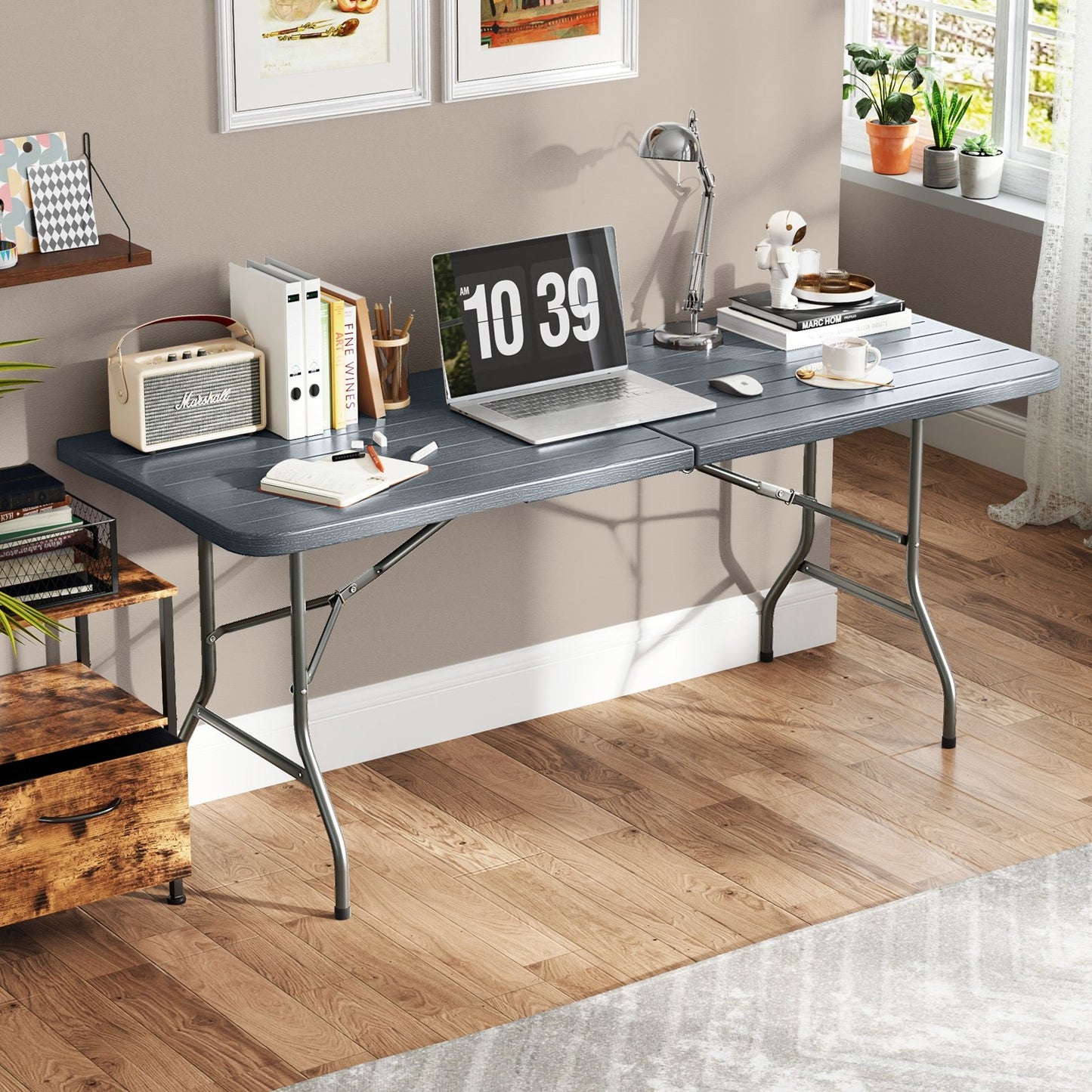 6 Feet Folding Table with Wood Grain HDPE Tabletop and Safe Lock Mechanism-Brown