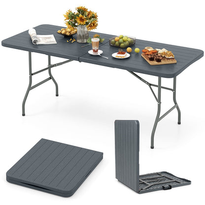 6 Feet Folding Table with Wood Grain HDPE Tabletop and Safe Lock Mechanism-Brown