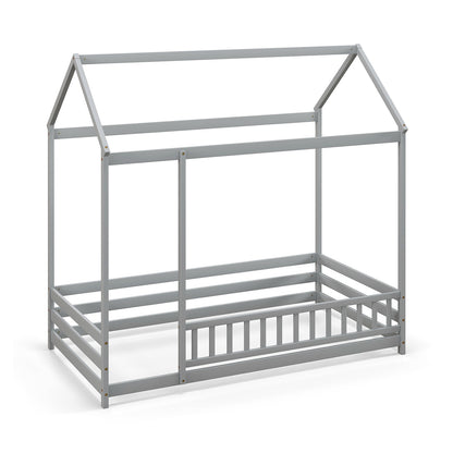 Twin Size Kids House Bed Wooden Floor Bed with Roof and Full-length Safety Guardrail-Gray